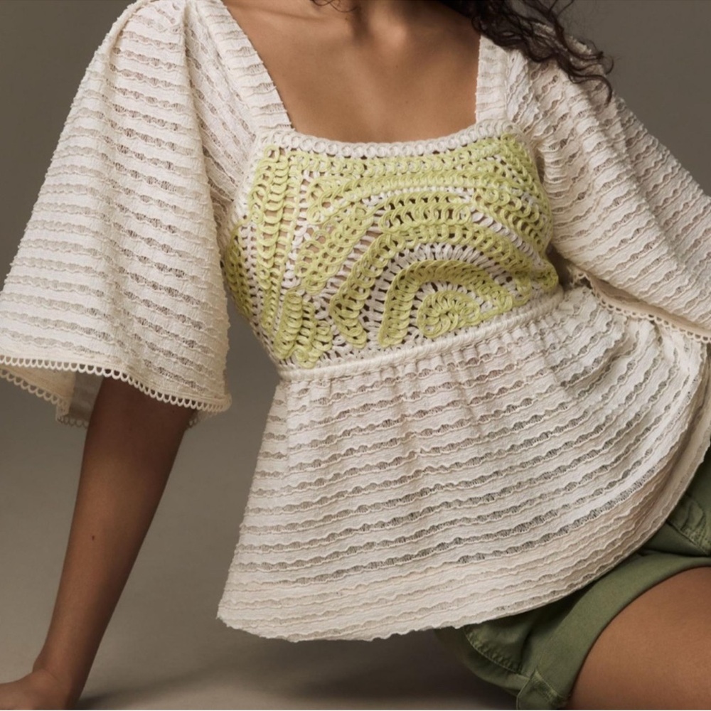 Cream Crochet Peplum Blouse with Lime Crochet Panel